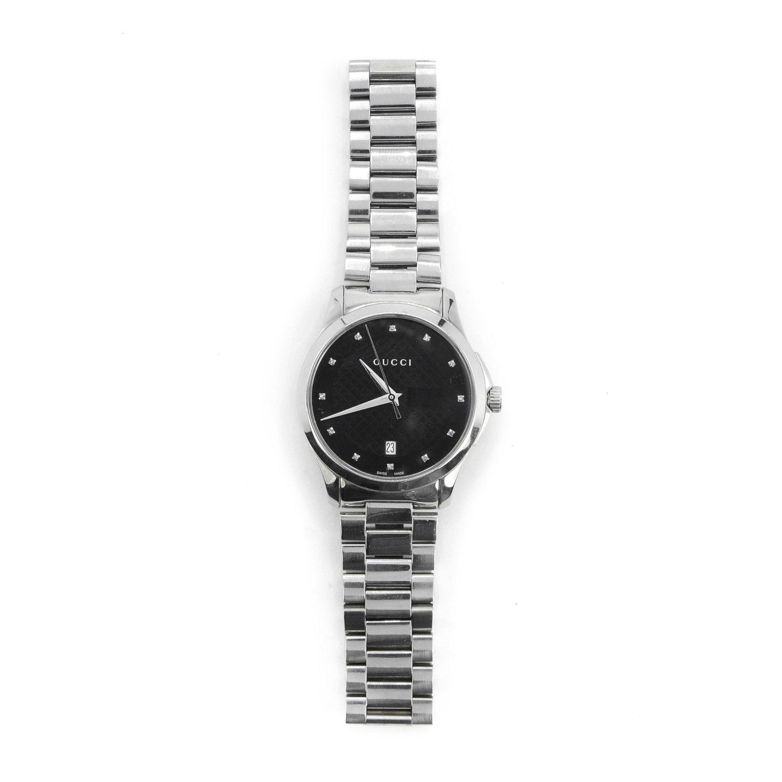 Gucci G Timeless Diamonds Black Dial Silver Steel Strap Watch For Men - YA126456