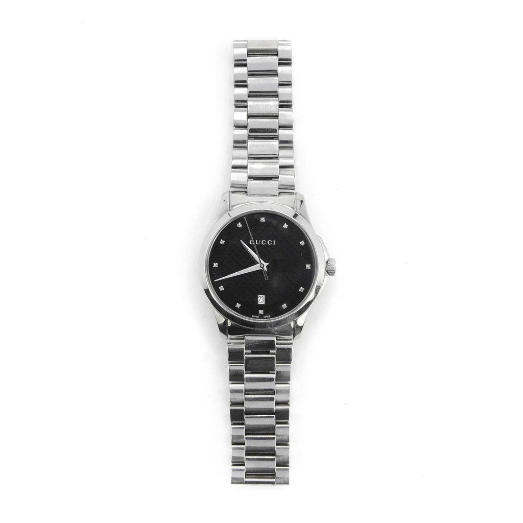 Gucci G Timeless Diamonds Black Dial Silver Steel Strap Watch For Men - YA126456