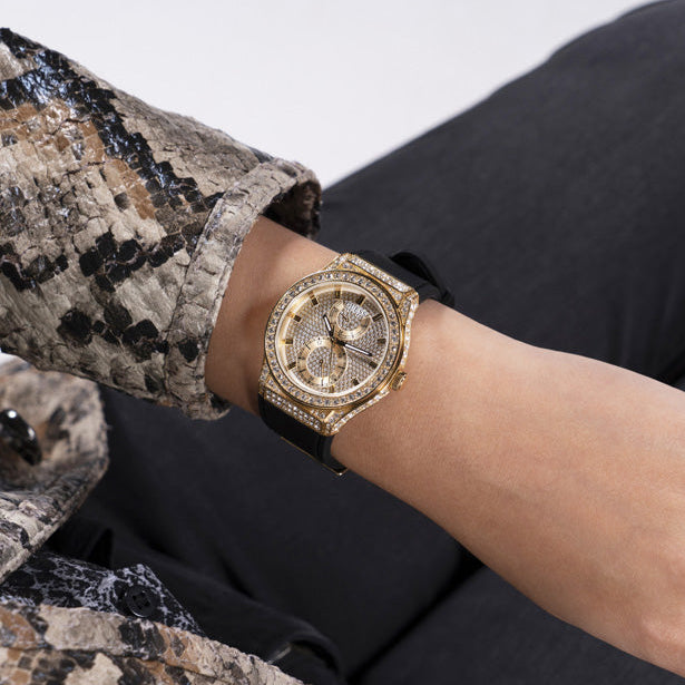 Guess Princess Crystals Gold Dial Black Silicone Strap Watch For Women - GW0439L2