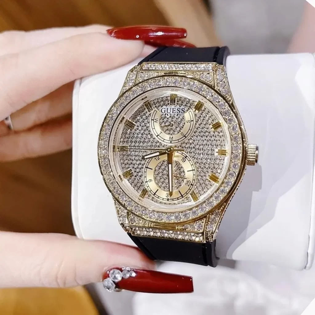 Guess Princess Crystals Gold Dial Black Silicone Strap Watch For Women - GW0439L2
