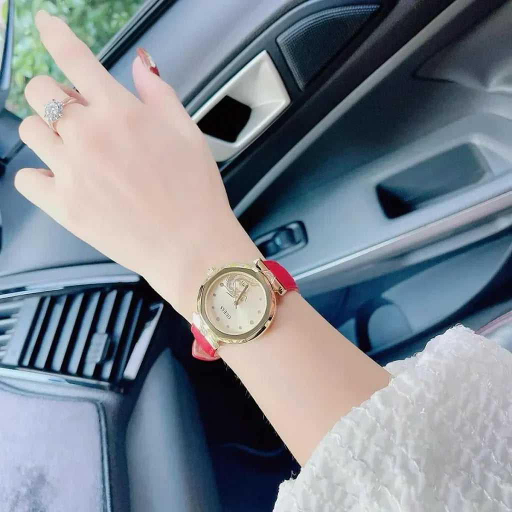 Guess Trend Dragon Gold Dial Red Leather Strap Watch For Women - GW0646L1