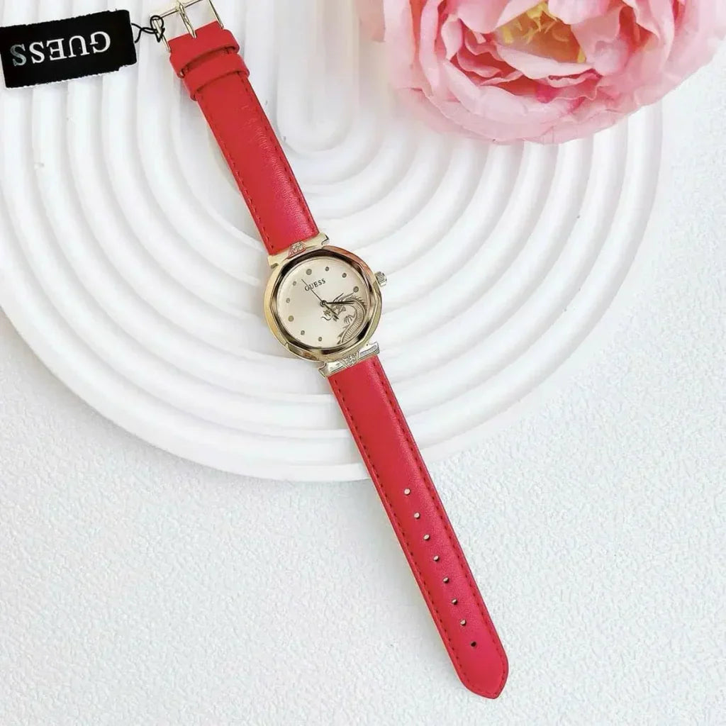 Guess Trend Gold Dial Red Dragoness Strap Watch For Women - GW0646L1