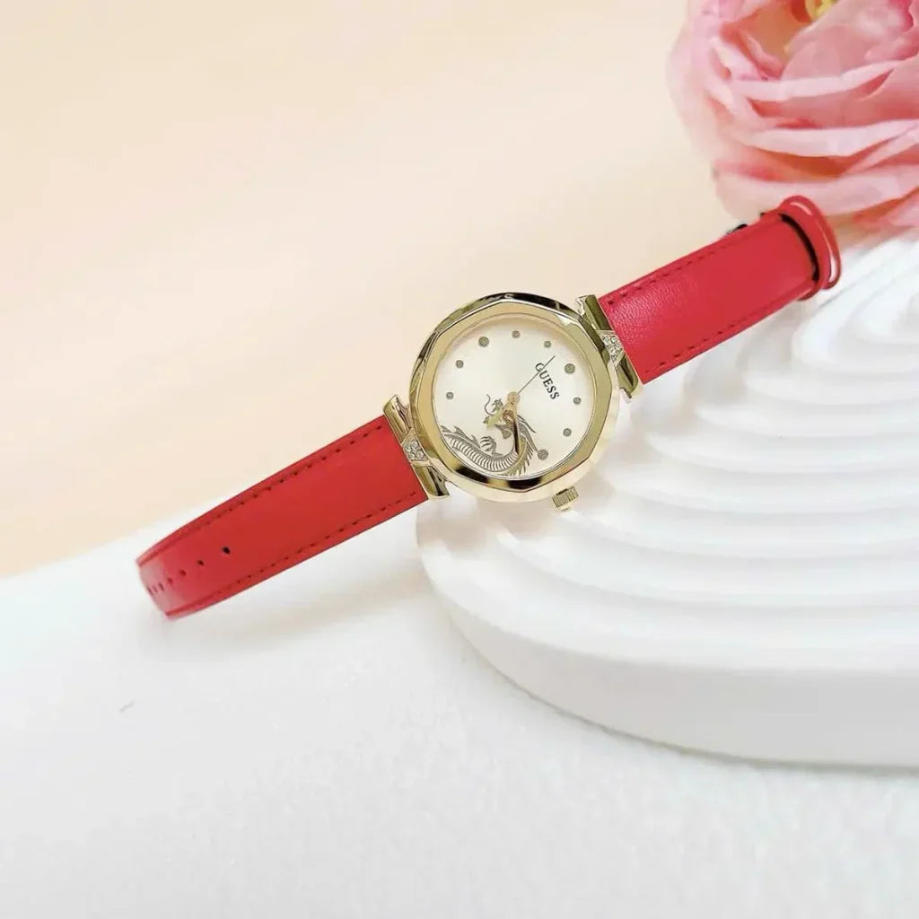 Guess Trend Dragon Gold Dial Red Leather Strap Watch For Women - GW0646L1