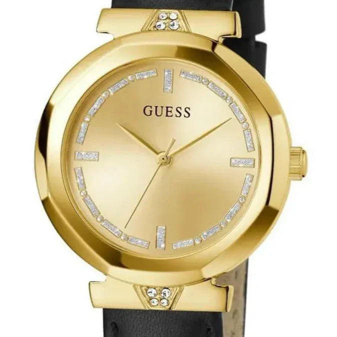 Guess Rumour Quartz Gold Dial Black Leather Strap Watch For Women - GW0689L2