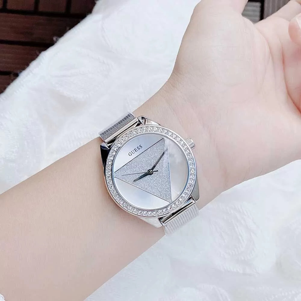 Guess Tri Glitz Quartz Silver Dial Silver Mesh Bracelet Watch For Women - W1142L1