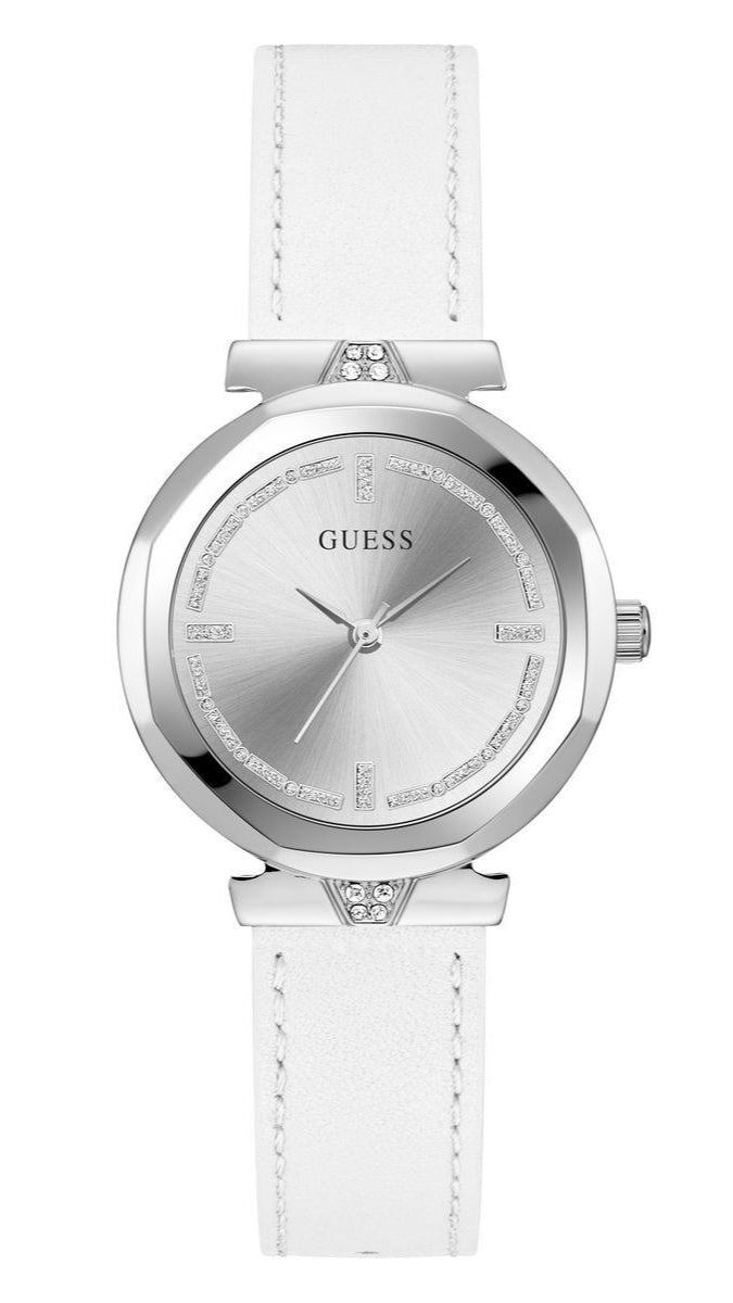 Guess Rumour Silver Dial White Leather Strap Watch For Women - GW0689L1