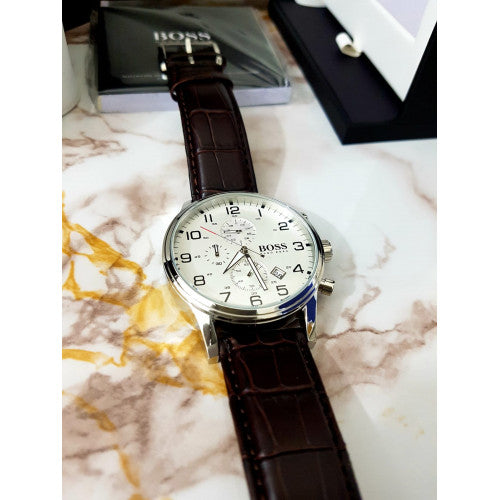 Hugo Boss Aeroliner Chronoraph White Dial Brown Leather Strap Watch For Men - 1512447