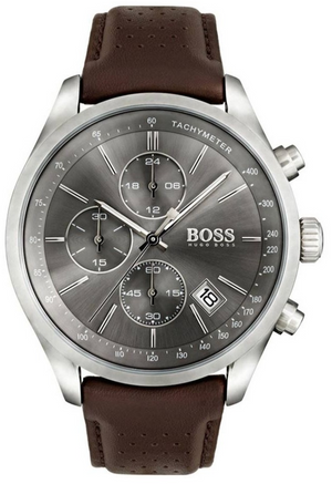 Hugo Boss Grand Prix Grey Dial Brown Leather Strap Watch for Men -  1513476