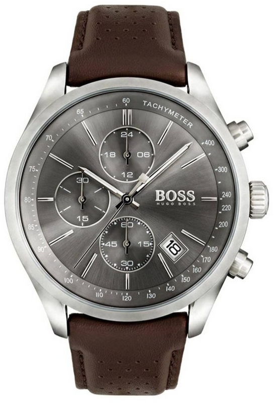 Hugo Boss Grand Prix Grey Dial Brown Leather Strap Watch for Men -  1513476
