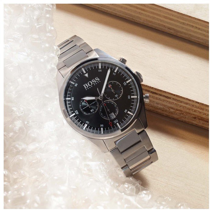 Hugo Boss Pioneer Black Dial Silver Steel Strap Watch for Men - 1513712