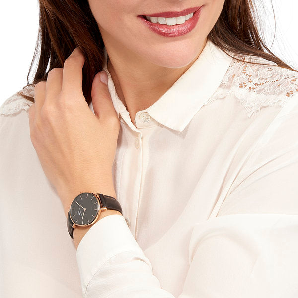 Daniel Wellington Petite Sheffield Black Dial Black Leather Strap Watch For Women - DW00100168