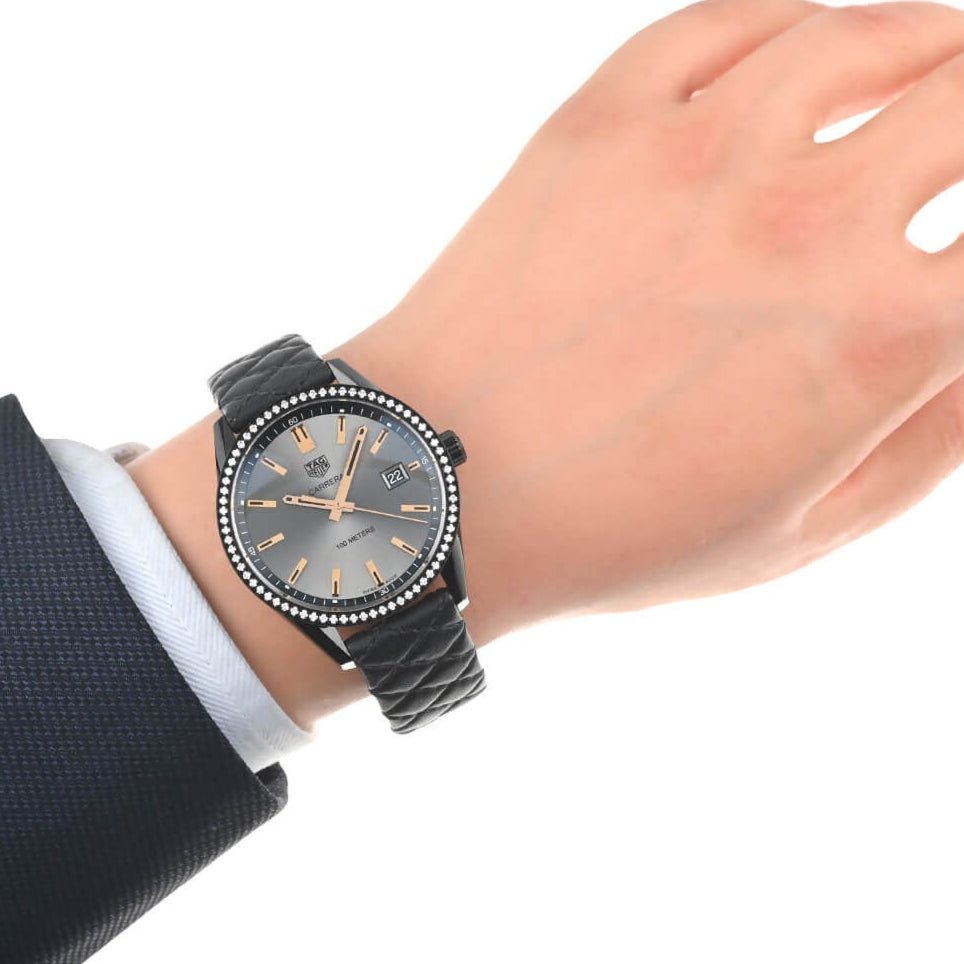 Tag Heuer Carrera Diamonds Anthracite Black Dial Black Leather Strap Watch for Women - WAR1115.FC6392