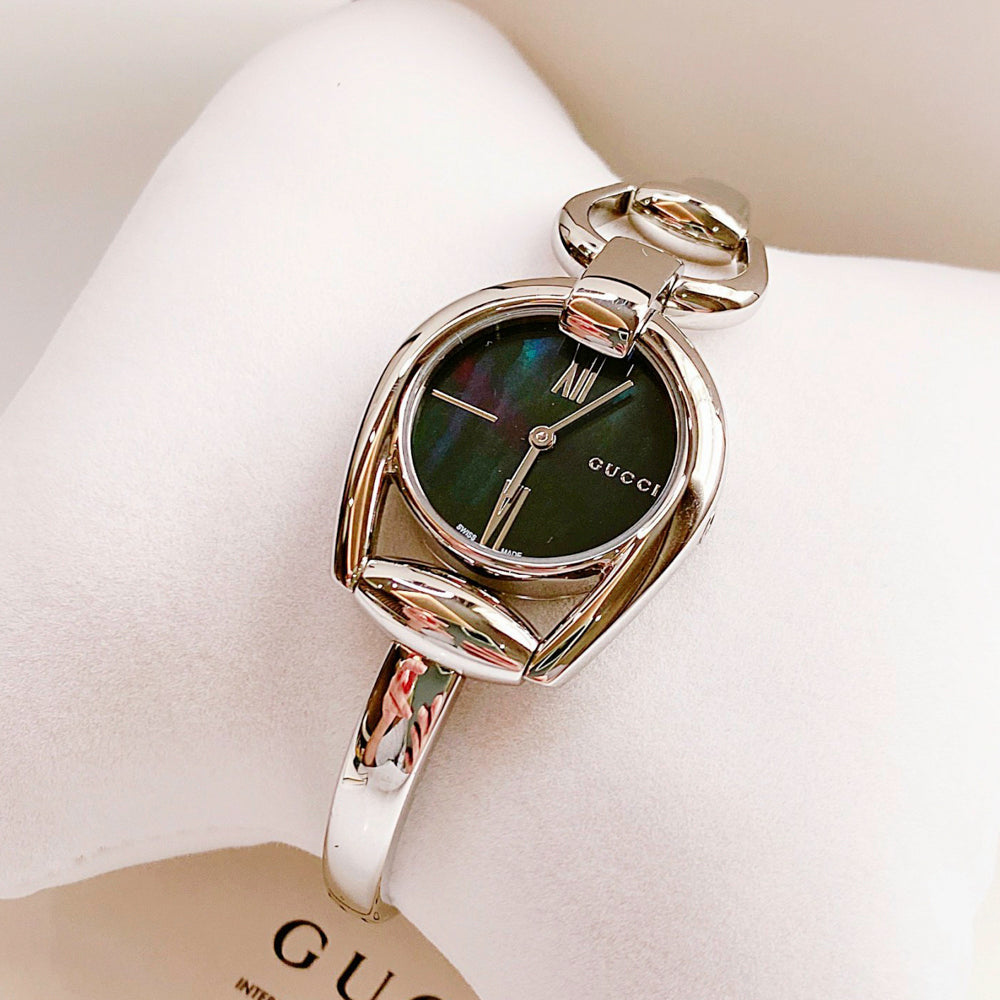 Gucci Horsebit Collection Mother of Pearl Black Dial Silver Steel Strap Watch For Women - YA139503