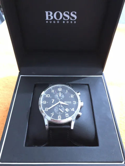 Hugo Boss Aeroliner Chronograph Black Dial Black Leather Strap Watch For Men - 1512448
