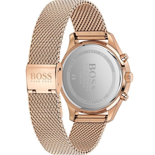 Hugo Boss Associate Black Dial Rose Gold Mesh Bracelet Watch for Men - 1513806