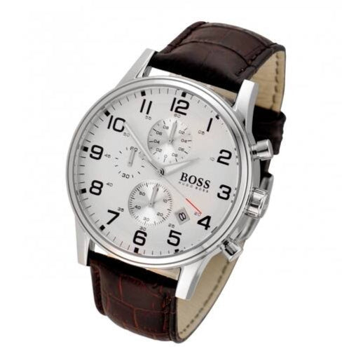Hugo Boss Aeroliner Chronoraph White Dial Brown Leather Strap Watch For Men - 1512447