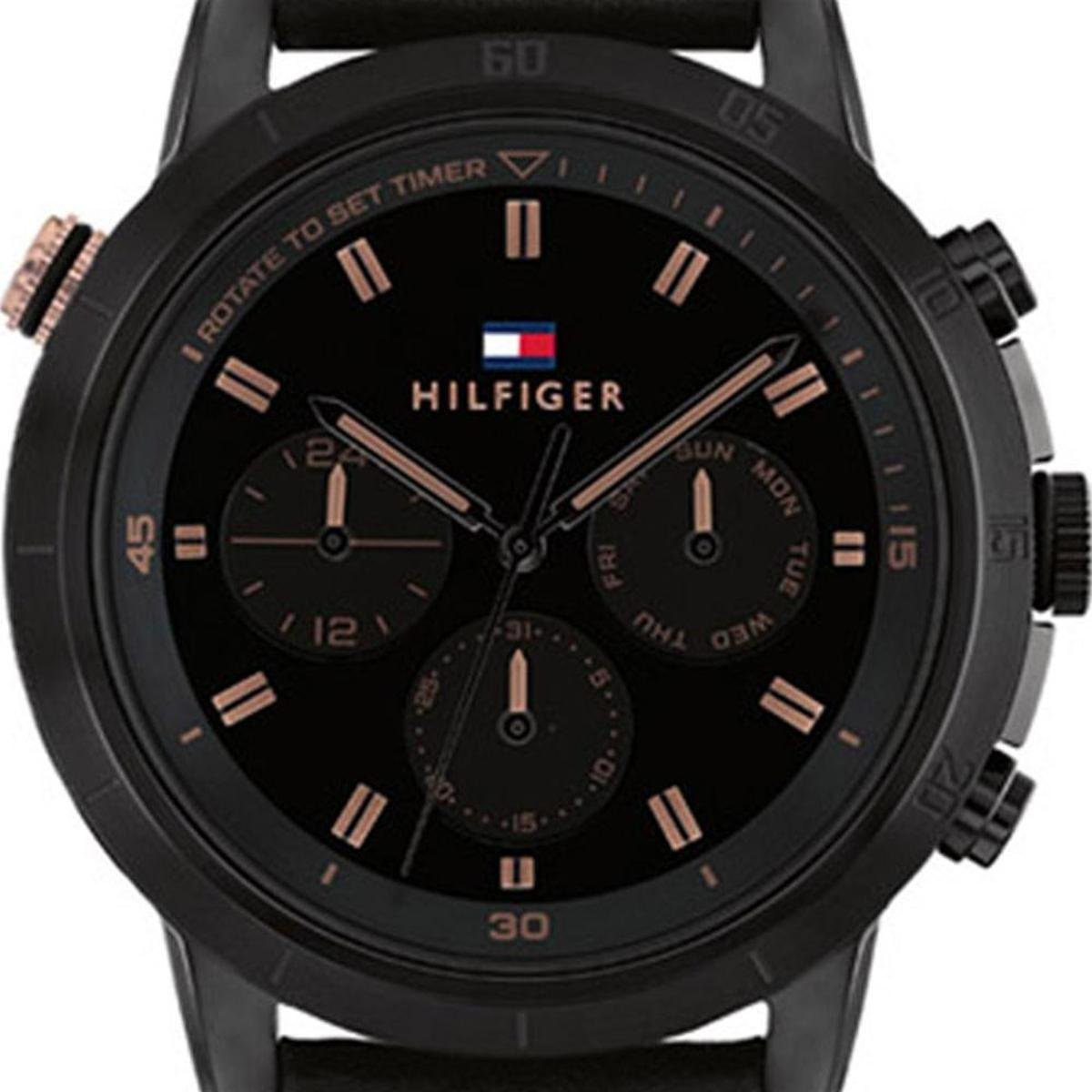 Tommy Hilfiger Troy Chronograph Black Dial Black Leather Strap Watch For Men - 1792110