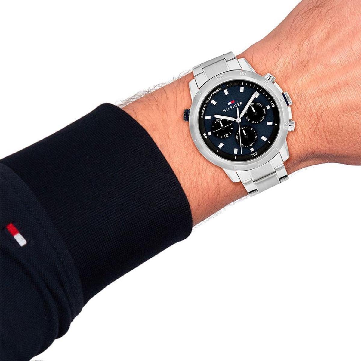 Tommy Hilfiger Troy Chronograph Blue Dial Silver Steel Strap Watch For Men - 1792104