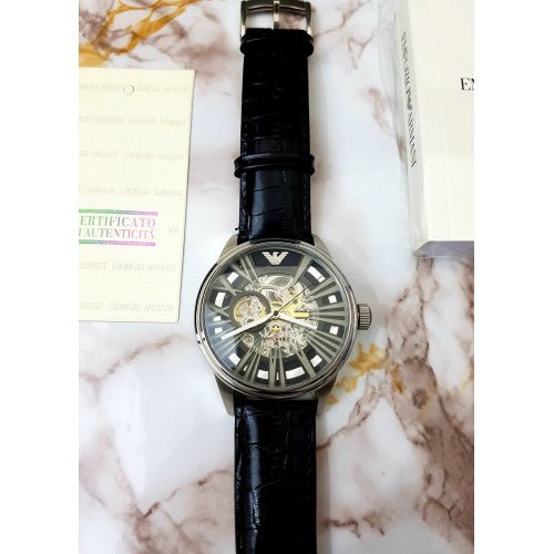 Emporio Armani Meccanico Automatic Black Dial Leather Strap Watch For Men - AR4629