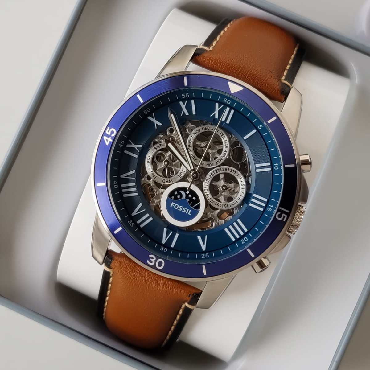 Fossil Grant Sport Automatic Skeleton Blue Dial Brown Leather Strap Watch for Men - ME3140