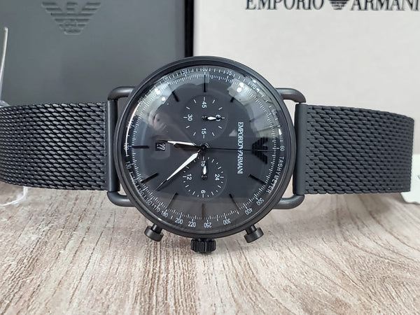 Emporio Armani Aviator Chronograph Black Dial Black Mesh Bracelet Watch For Men - AR11264