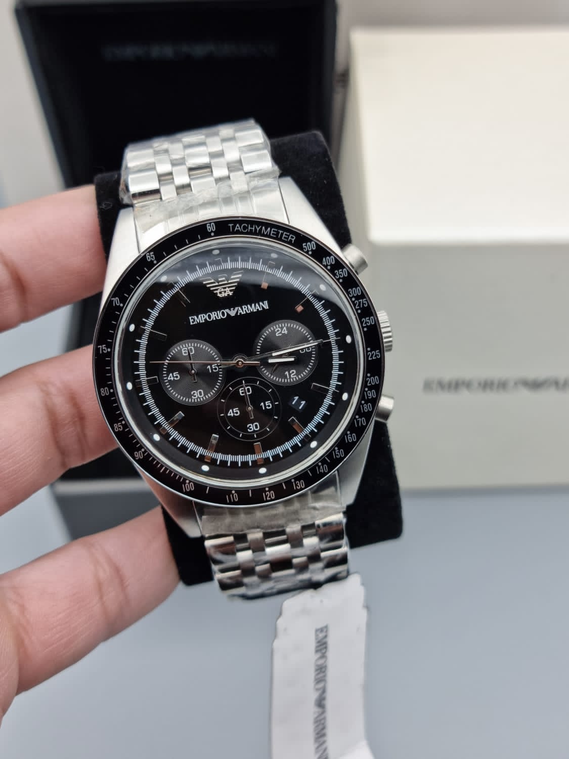 Emporio Armani Tazio Chronograph Black Dial Silver Steel Strap Watch For Men - AR5988