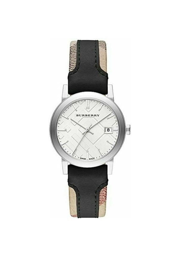 Burberry The City White Dial Black Haymarket Leather Strap Watch for Women - BU9150