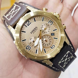Fossil Nate Chronograph Gold Dial Brown Leather Strap Watch for Men - JR1495
