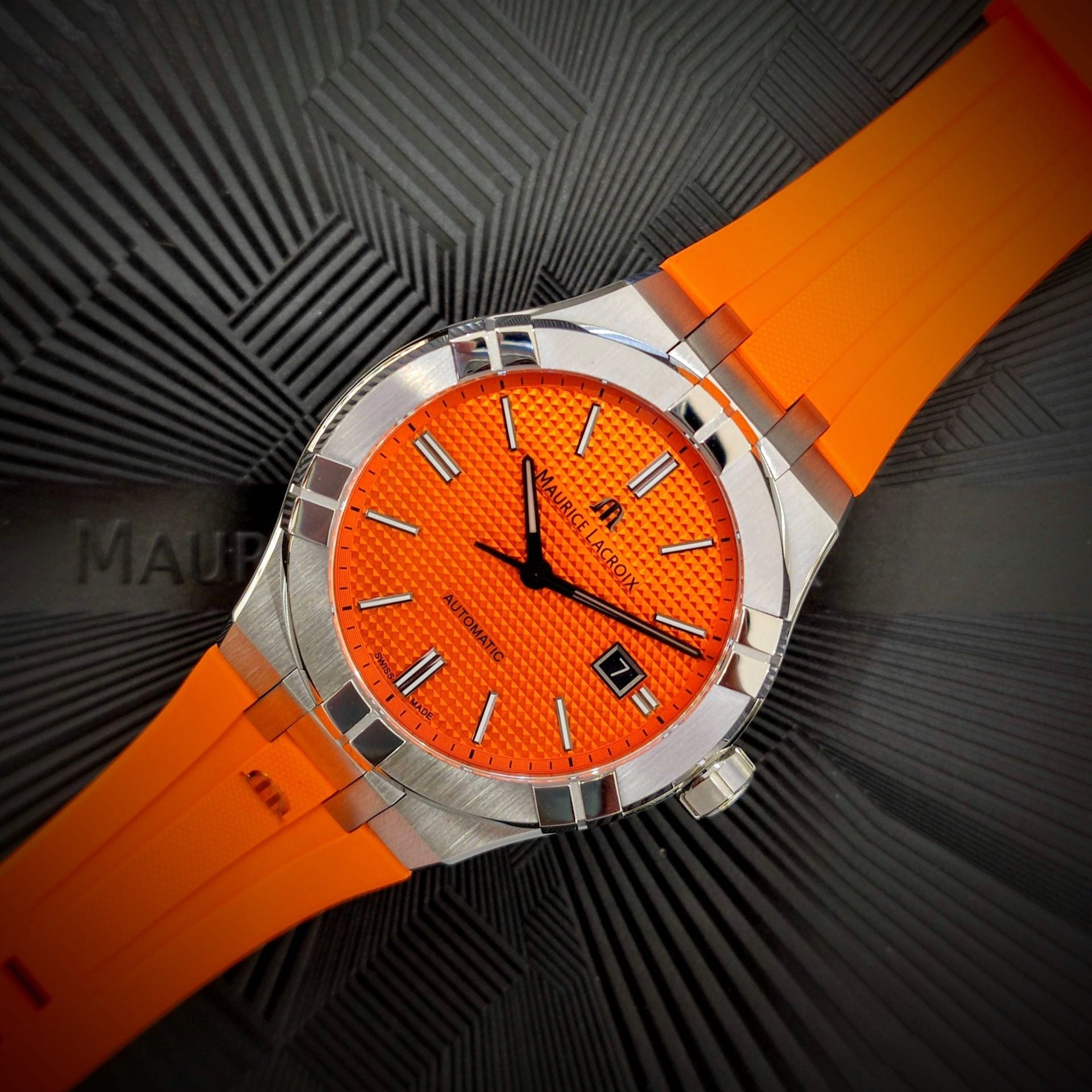 Maurice Lacroix Aikon Automatic Date Orange Dial Silver Steel Strap Watch For Men - AI6008-SS00F-530-E