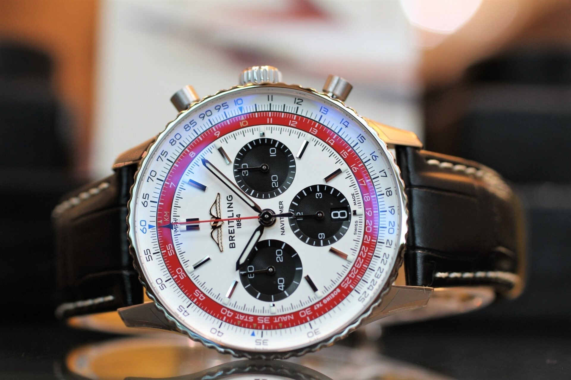 Breitling Navitimer B01 Chronograph 43 Boeing 747 White Dial Black Leather Strap Watch for Men - AB01383B1G1P1
