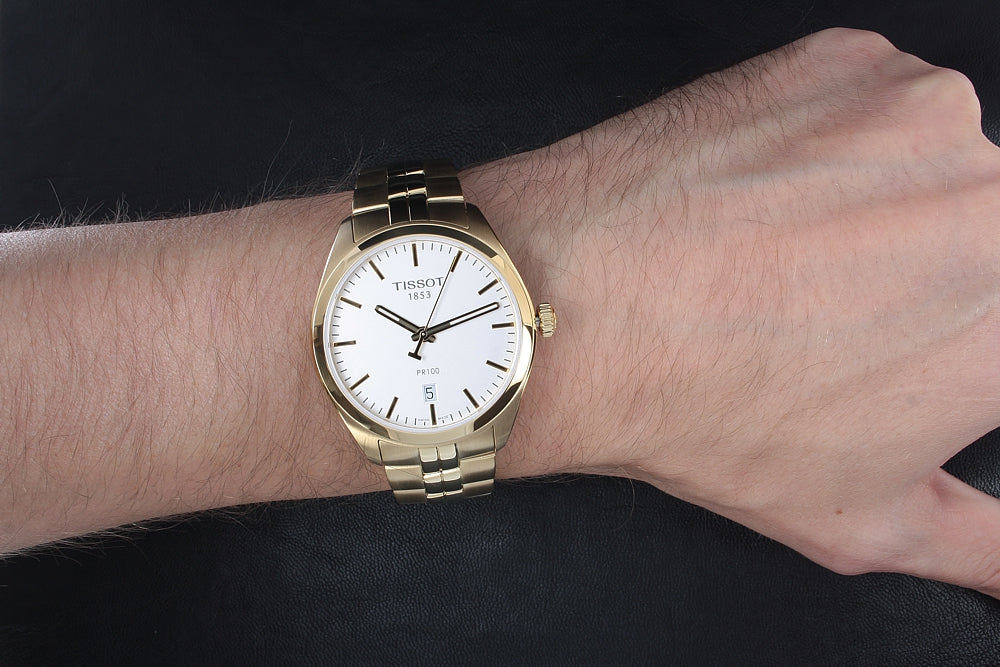 Tissot T Classic PR 100 Quartz White Dial Gold Steel Strap Watch for Men - T101.410.33.031.00