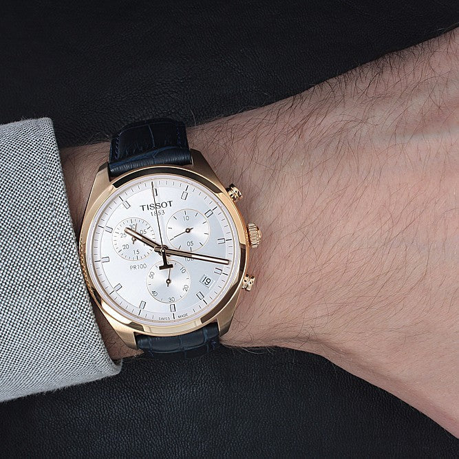 Tissot T Classic PR 100 Chronograph Silver Dial Black Leather Strap Watch for Men - T101.417.36.031.00