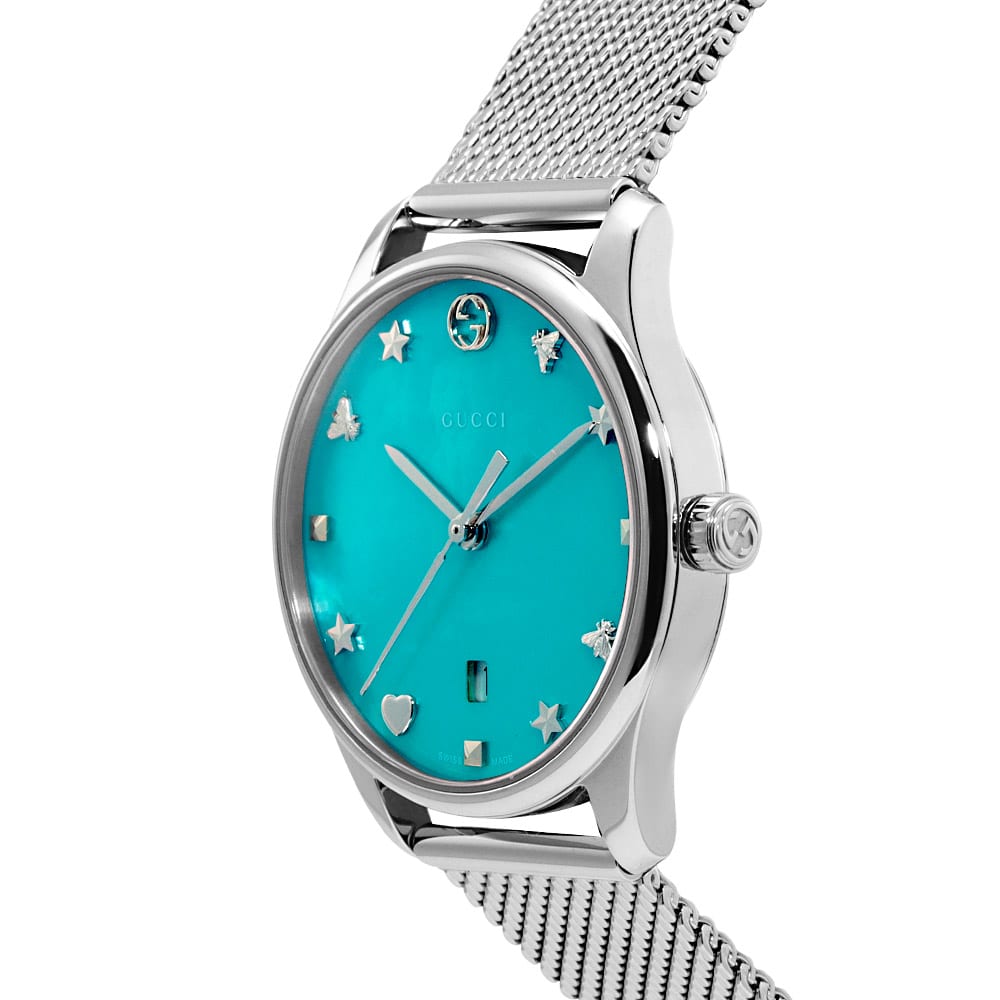 Gucci G-Timeless Turquoise Mother of Pearl Dial Silver Mesh Bracelet Watch For Women - YA126582
