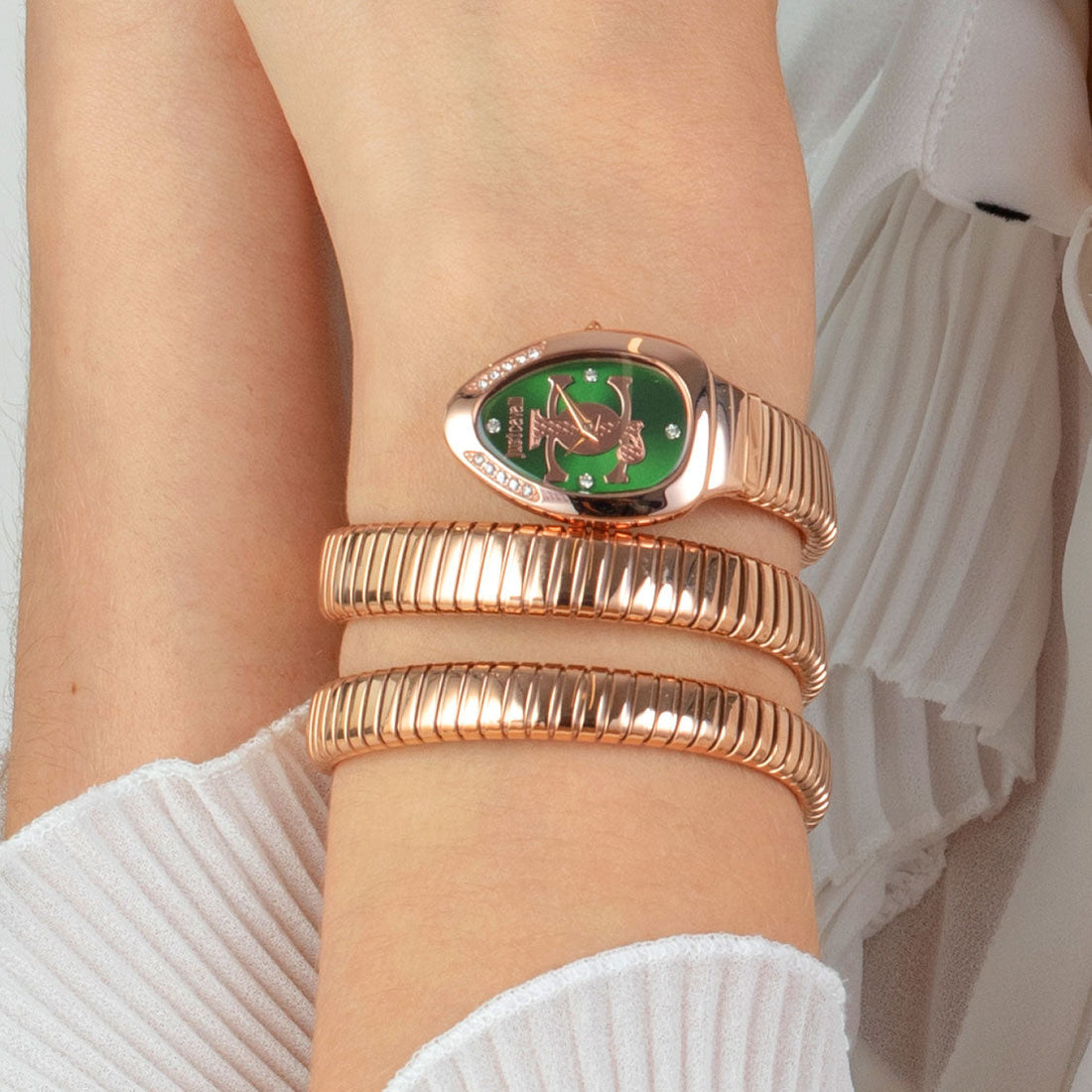 Just Cavalli Glam Evo 5 Green Dial Rose Gold Steel Strap Watch for Women - JC1L228M0055