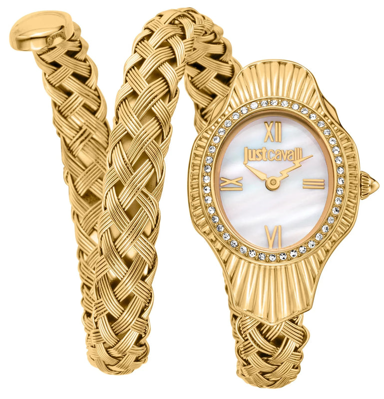 Just Cavalli Twined Mother of Pearl Dial Gold Steel Strap Watch for Women - JC1L305M0045
