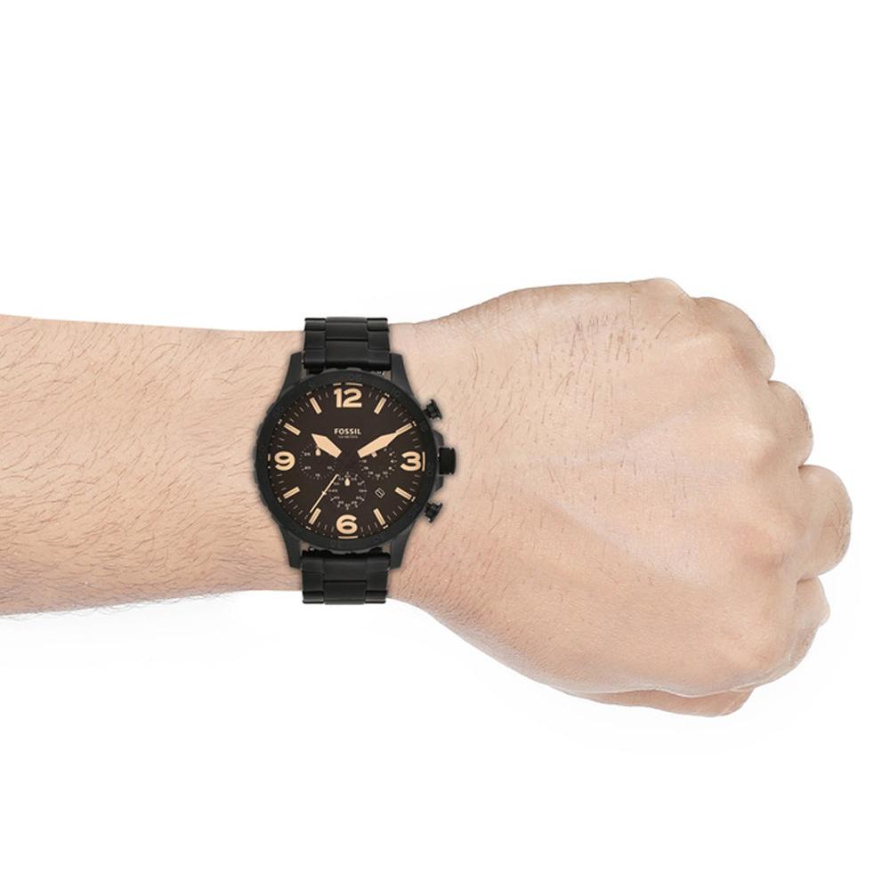 Fossil Nate Chrongraph Ion Plated Black Dial Black Steel Strap Watch for Men - JR1356