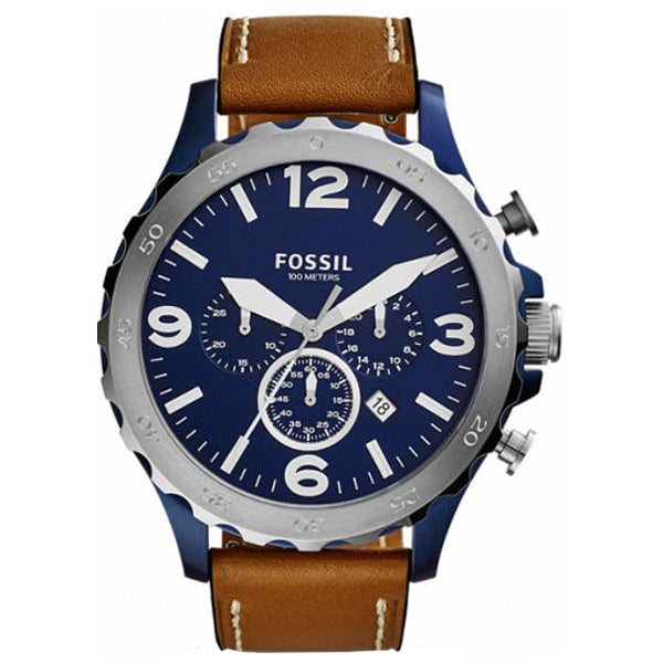 Fossil Nate Chronograph Navy Blue Dial Brown Leather Strap Watch for Men - JR1504