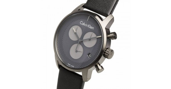 Calvin Klein City Chronograph Grey Dial Black Leather Strap Watch for Men - K2G177C3