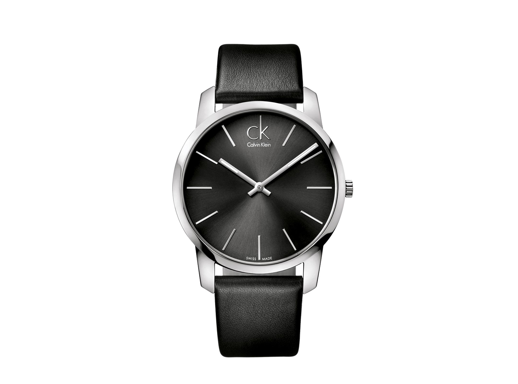 Calvin Klein City Grey Dial Black Leather Strap Watch For Men - K2G21107
