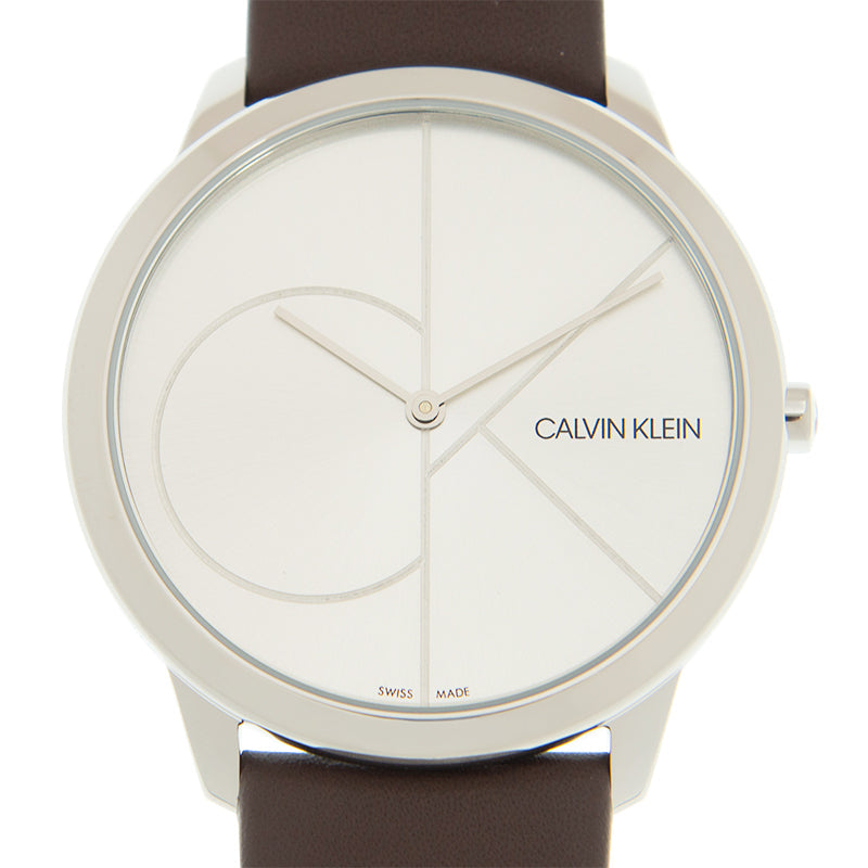 Calvin Klein Minimal Silver Dial Brown Leather Strap Watch for Men - K3M211G6