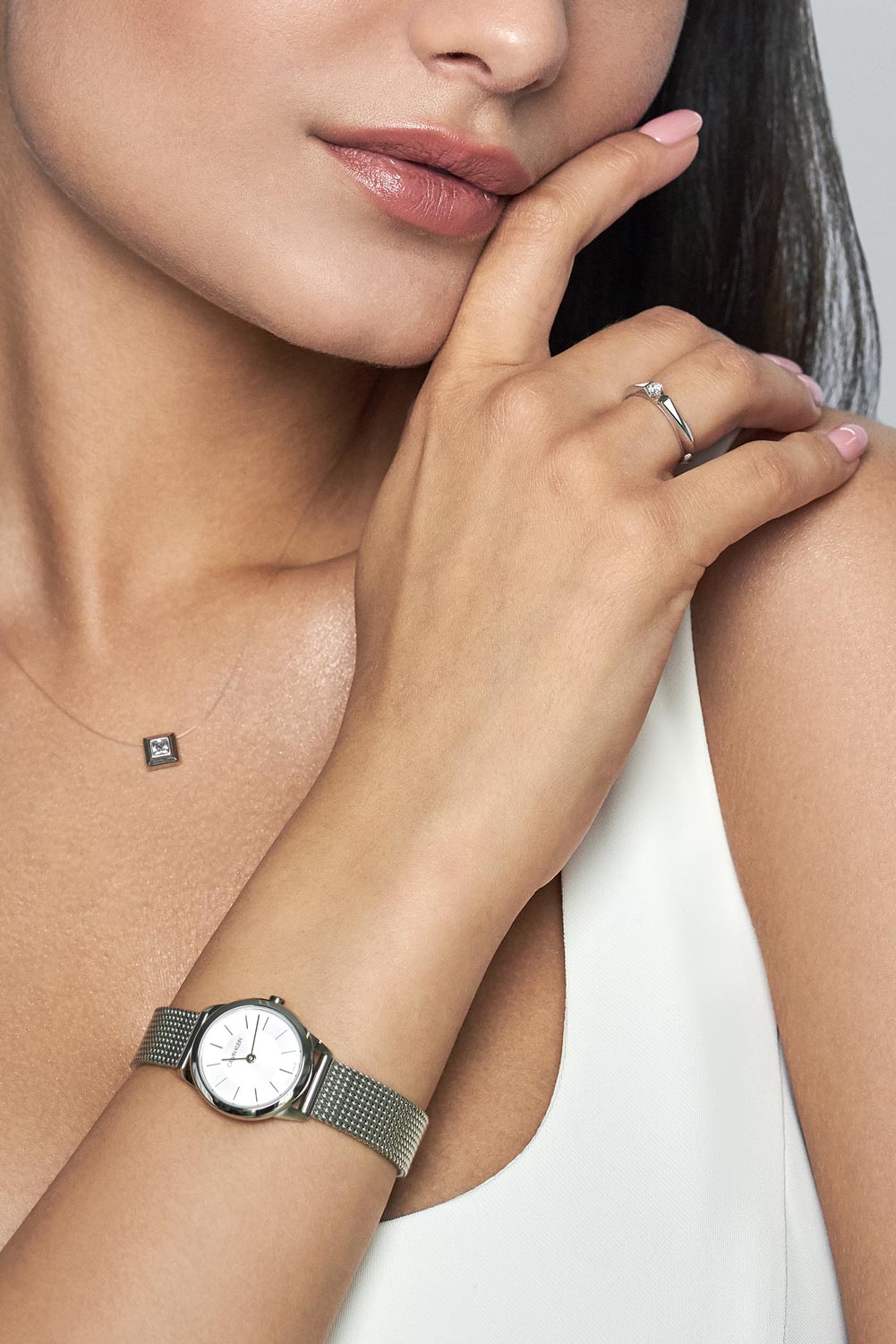 Calvin Klein Minimal White Dial Silver Mesh Bracelet Watch for Women - K3M23126