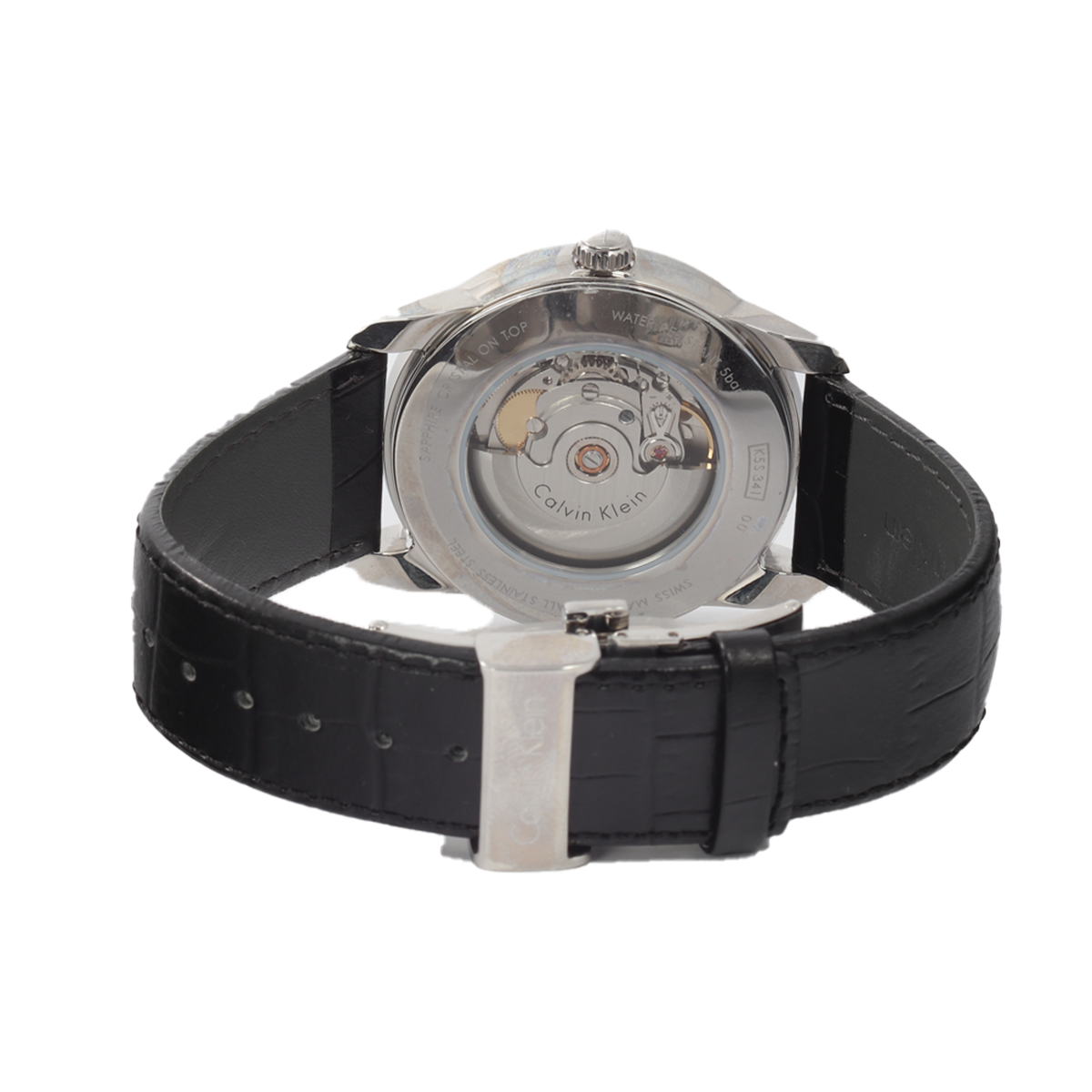 Calvin Klein Infinity Silver Dial Black Leather Strap Watch for Men - K5S341C6