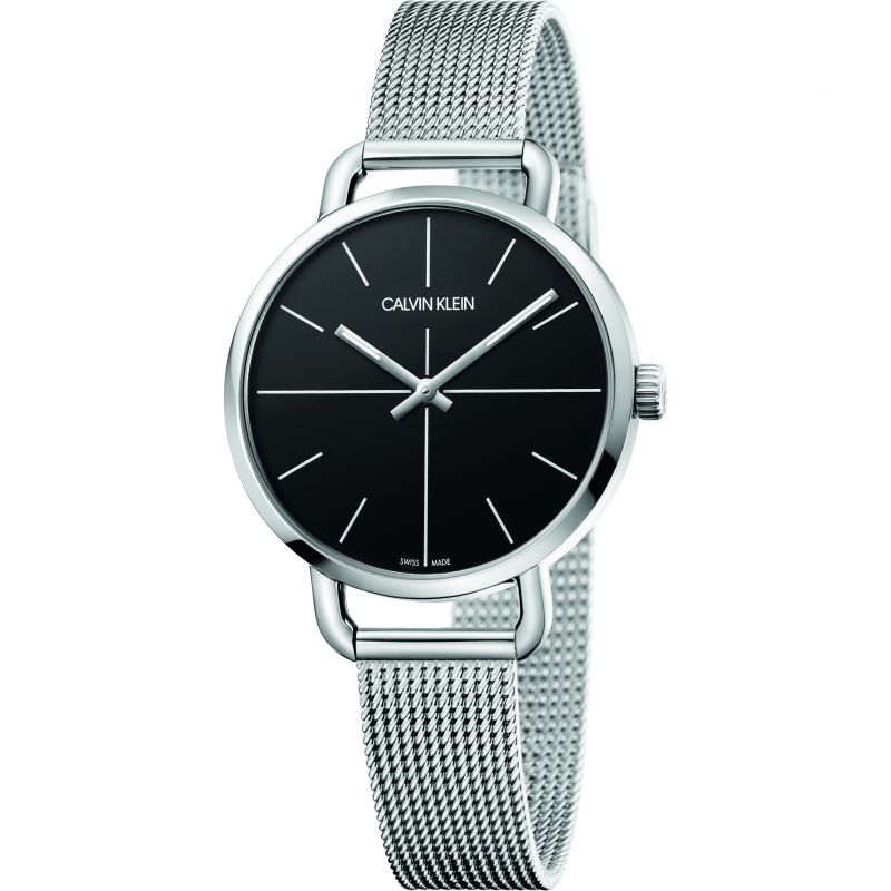 Calvin Klein Even Black Dial Silver Mesh Bracelet Watch for Women - K7B23121