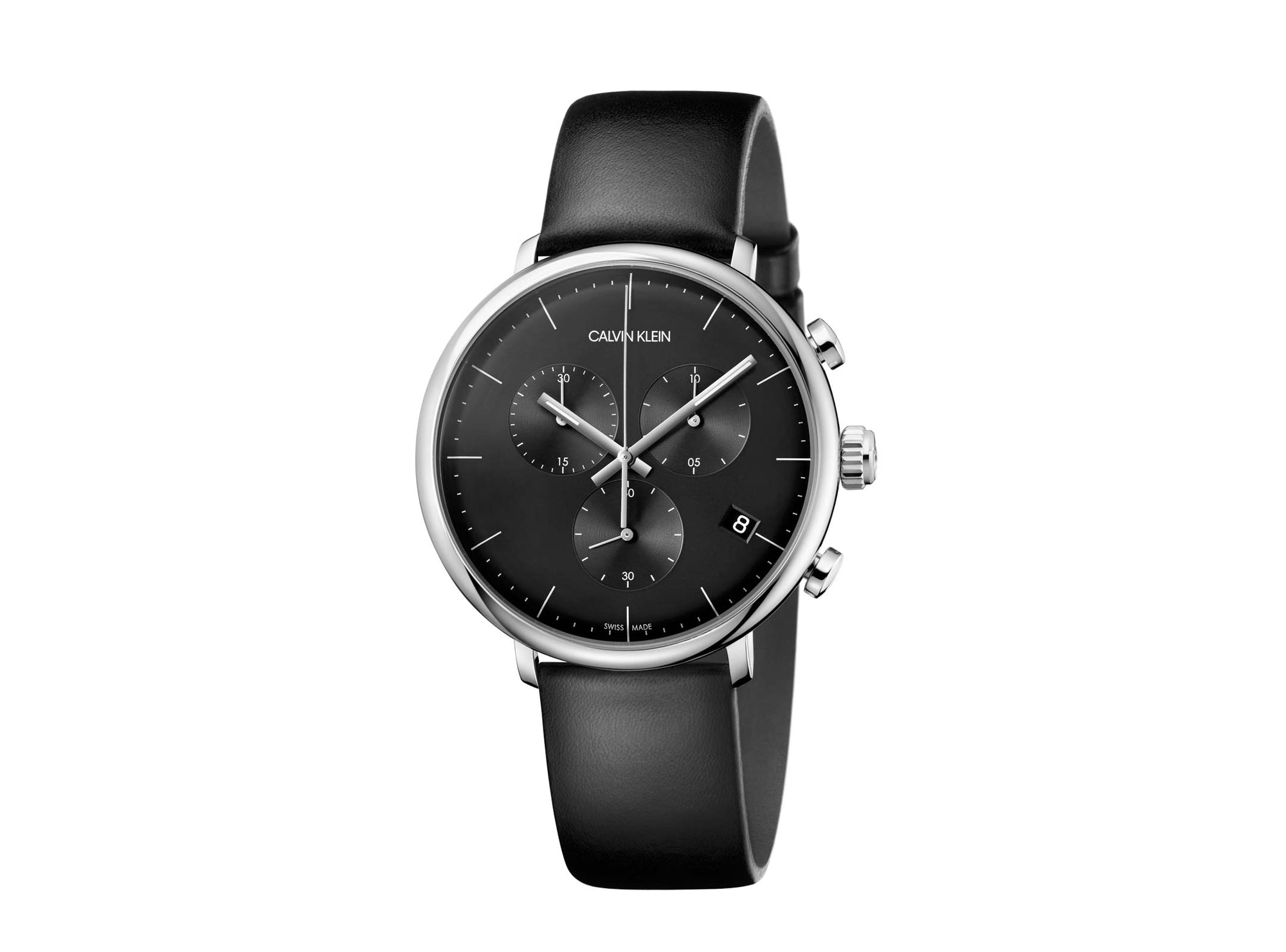 Calvin Klein High Noon Chronograph Black Dial Black Leather Strap Watch for Men - K8M271C1