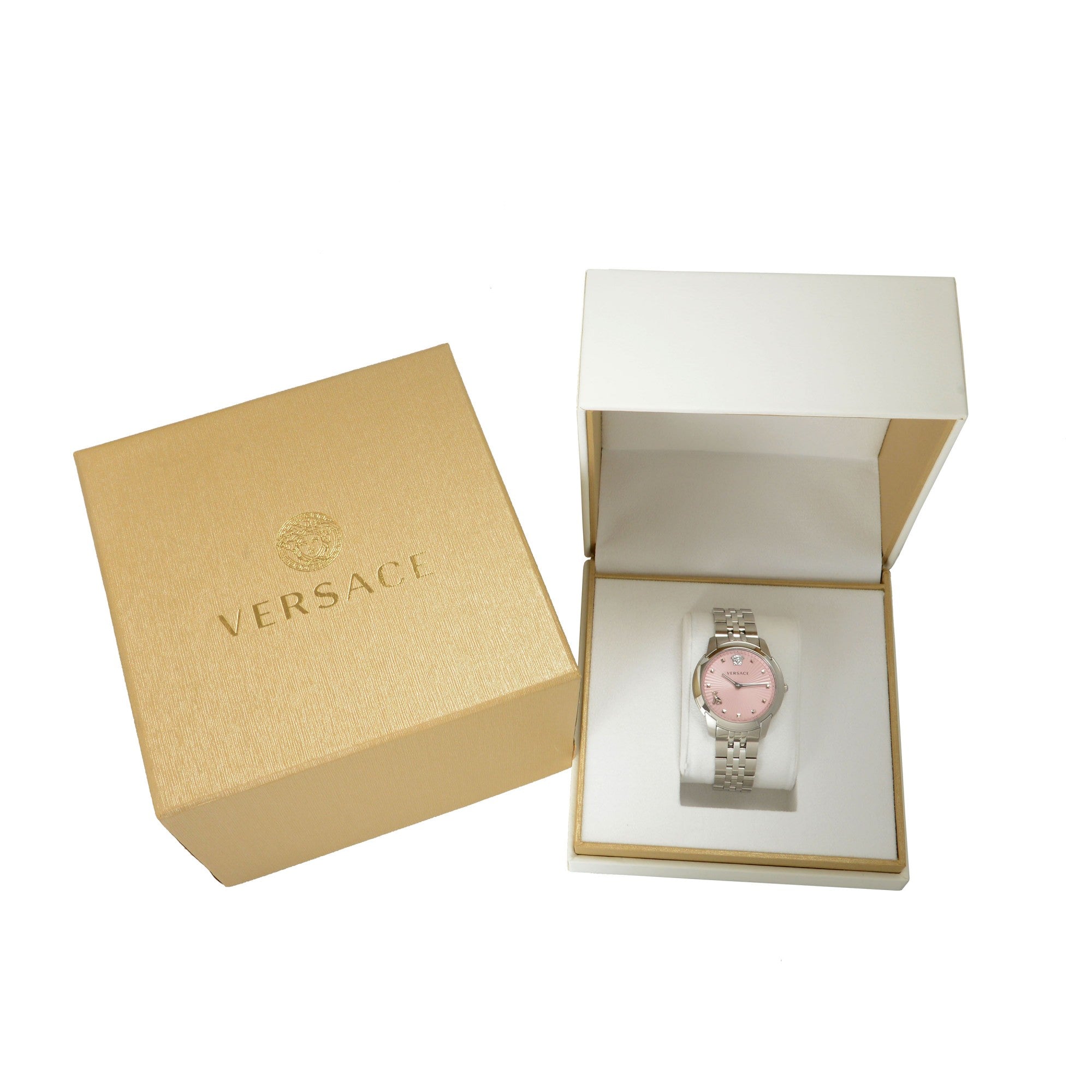 Versace Audrey Quartz Pink Dial Silver Steel Strap Watch for Women - VELR00419