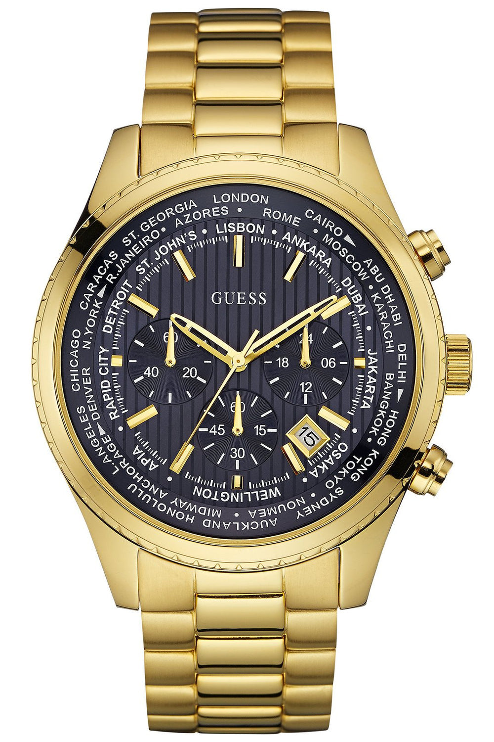 Guess Multifunction Black Dial Gold Steel Strap Watch for Men  - W0602G1