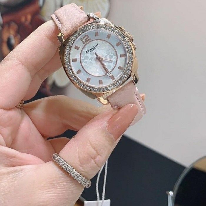 Coach Boyfriend Mother of Pearl White Dial Pink Leather Strap Watch for Women - 14503151