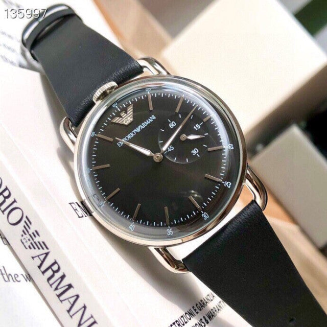 Emporio Armani Aviator Quartz Black Dial Black Leather Strap Watch For Men - AR11336