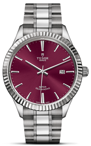 Tudor Style Automatic Burgundy Red Dial Silver Steel Strap Watch for Men - M12710-0015