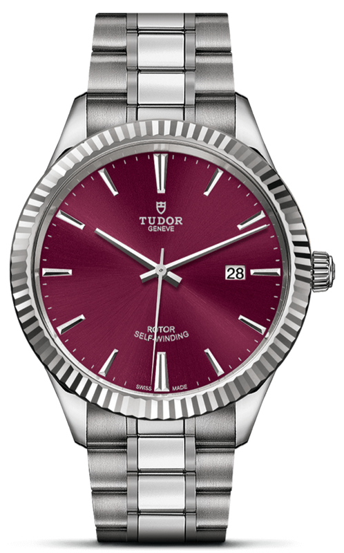 Tudor Style Automatic Burgundy Red Dial Silver Steel Strap Watch for Men - M12710-0015